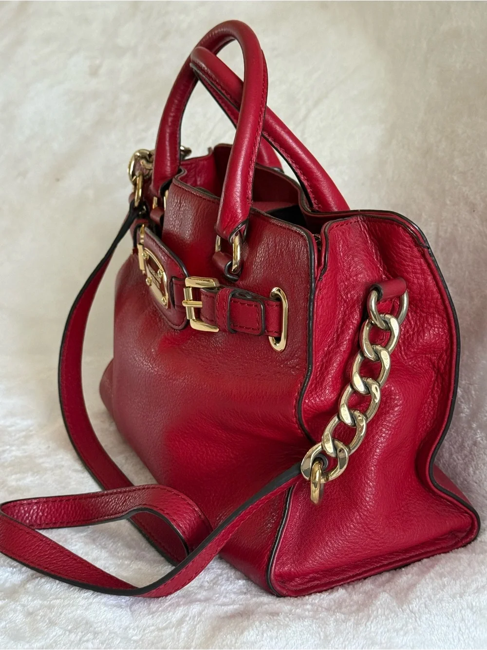 Michael Kors Red Leather Satchel with Gold Hardware